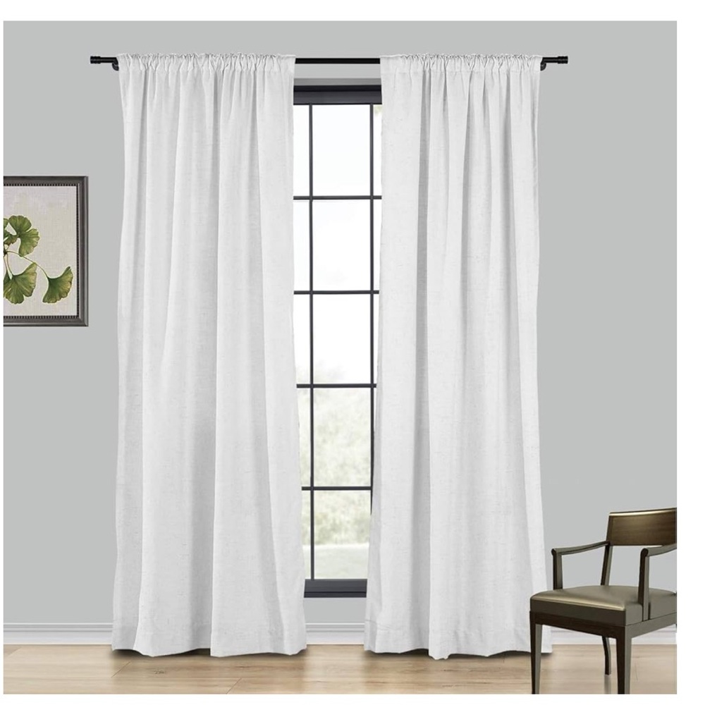 Beige White Linen Curtain Panel